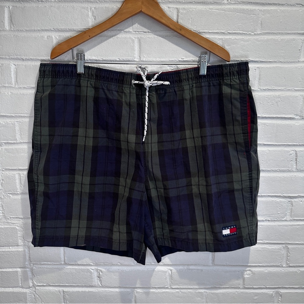 Vintage Men's Tommy Hilfiger Colorblock Green Blue 90s Swim Trunks Size XL